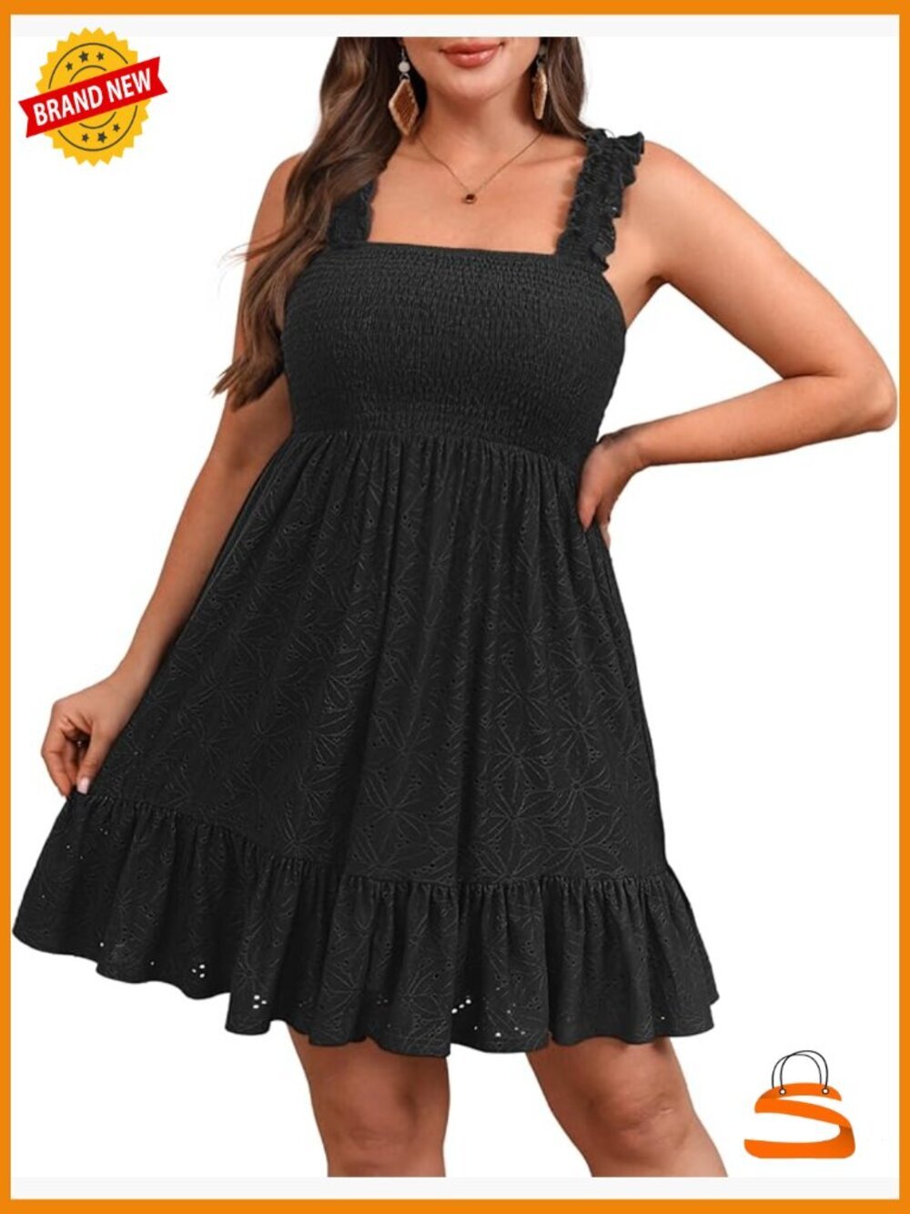 Plus Size Summer Eyelet Lace Square Neck Smocked A-Line Short Sundress